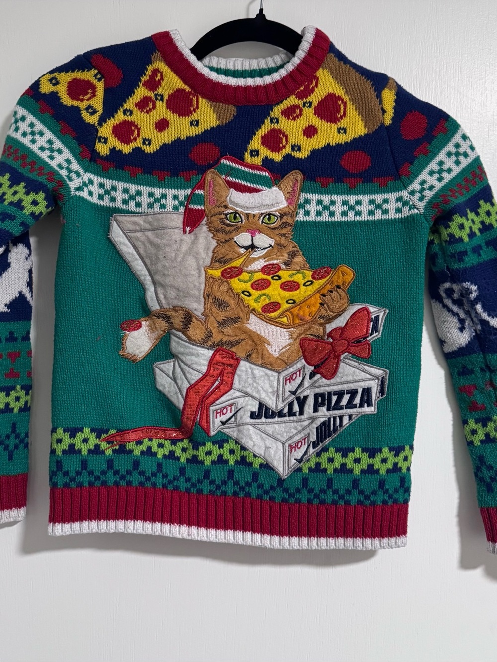 33 Degrees Ugly Christmas Kids' Sweater Pizza & Cat Design Size M (8)